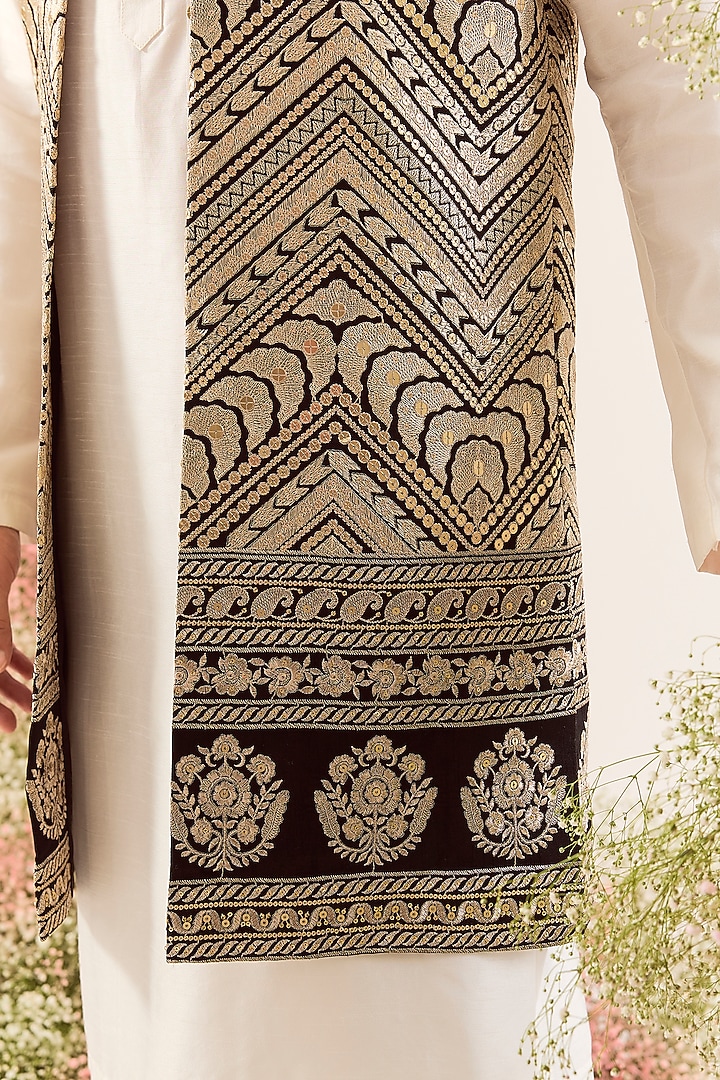 Black Silk Thread & Zari Work Long Jacket by Kasbah Clothing at Pernia's Pop Up Shop