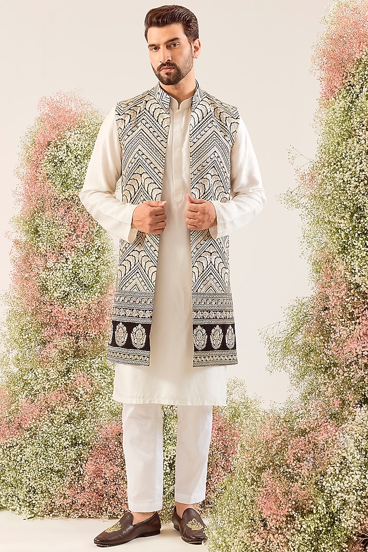 Black Silk Thread & Zari Work Long Jacket by Kasbah Clothing at Pernia's Pop Up Shop