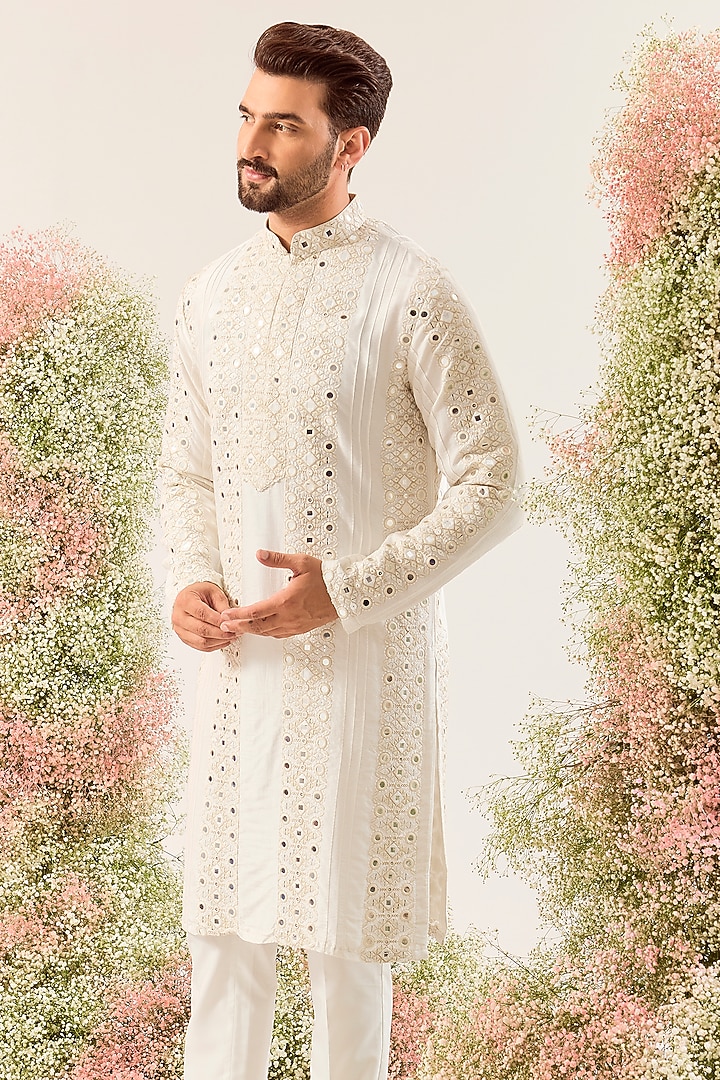 White Silk Mirror Work Kurta by Kasbah Clothing at Pernia's Pop Up Shop