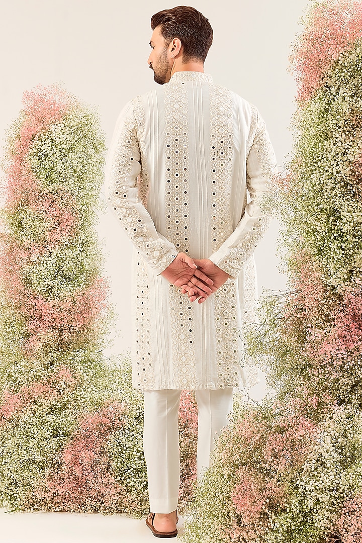 White Silk Mirror Work Kurta by Kasbah Clothing at Pernia's Pop Up Shop