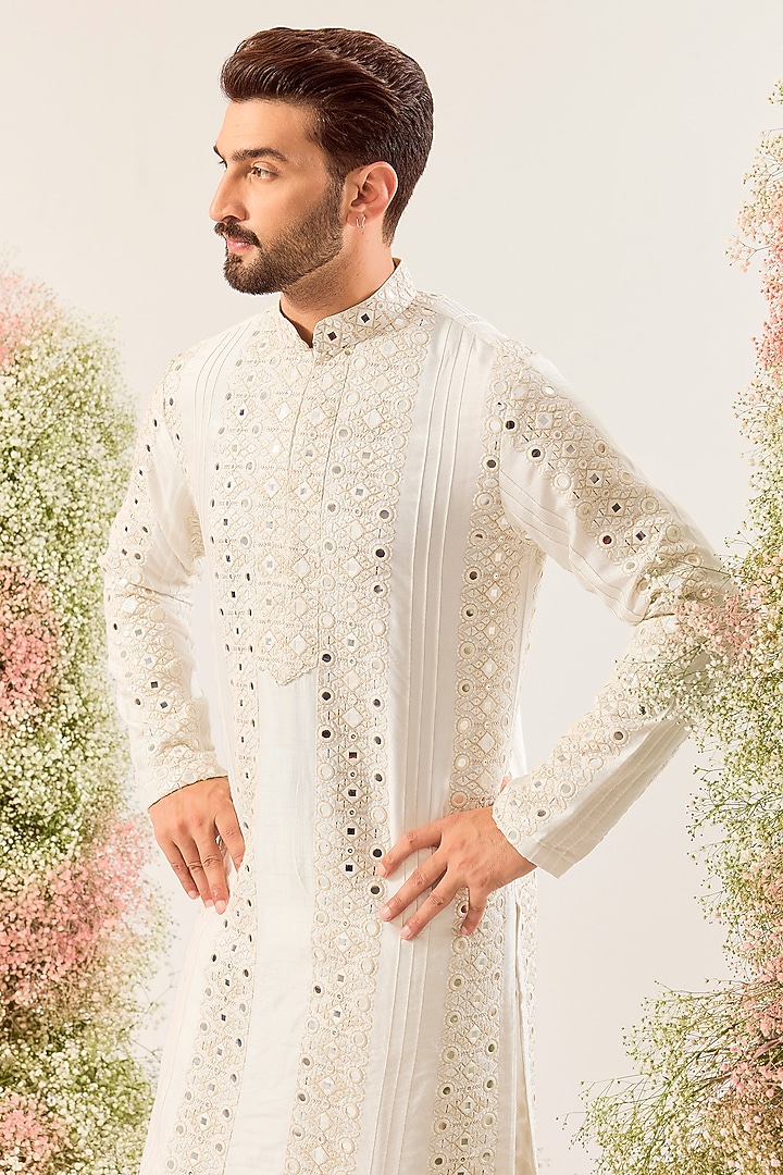 White Silk Mirror Work Kurta by Kasbah Clothing at Pernia's Pop Up Shop