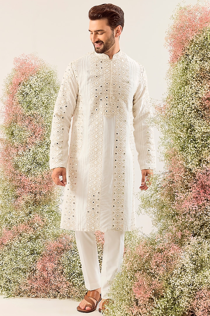 White Silk Mirror Work Kurta by Kasbah Clothing at Pernia's Pop Up Shop