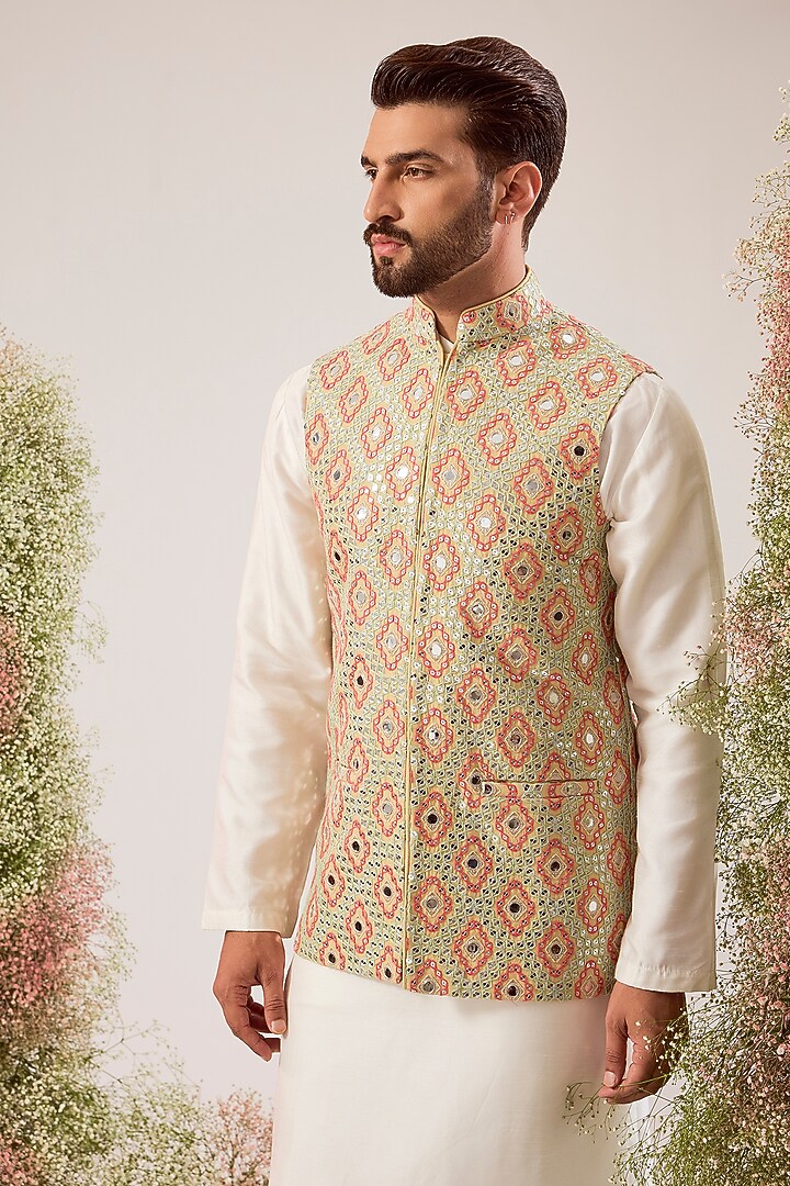 Beige Silk Thread Work Nehru Jacket by Kasbah Clothing at Pernia's Pop Up Shop