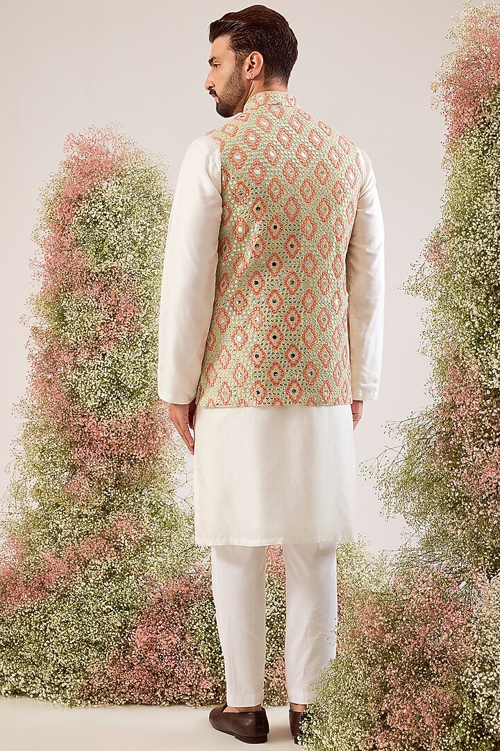 Beige Silk Thread Work Nehru Jacket by Kasbah Clothing at Pernia's Pop Up Shop