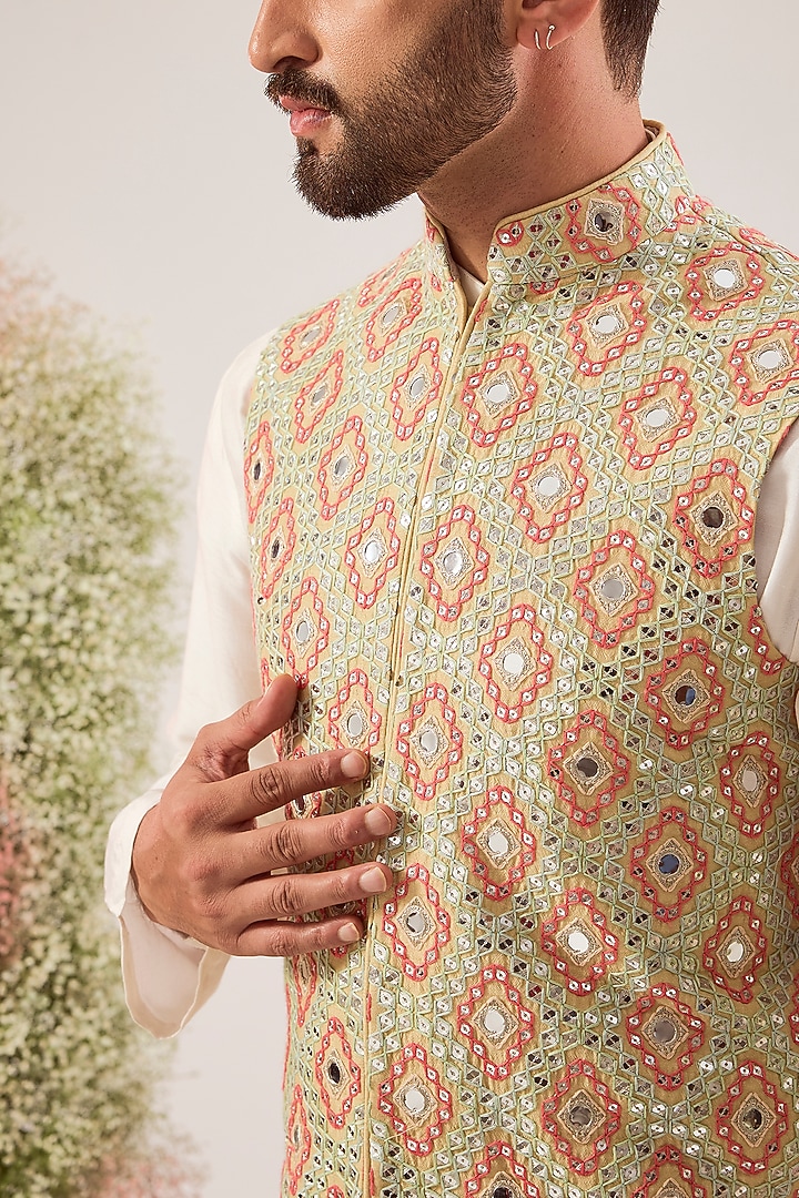 Beige Silk Thread Work Nehru Jacket by Kasbah Clothing at Pernia's Pop Up Shop