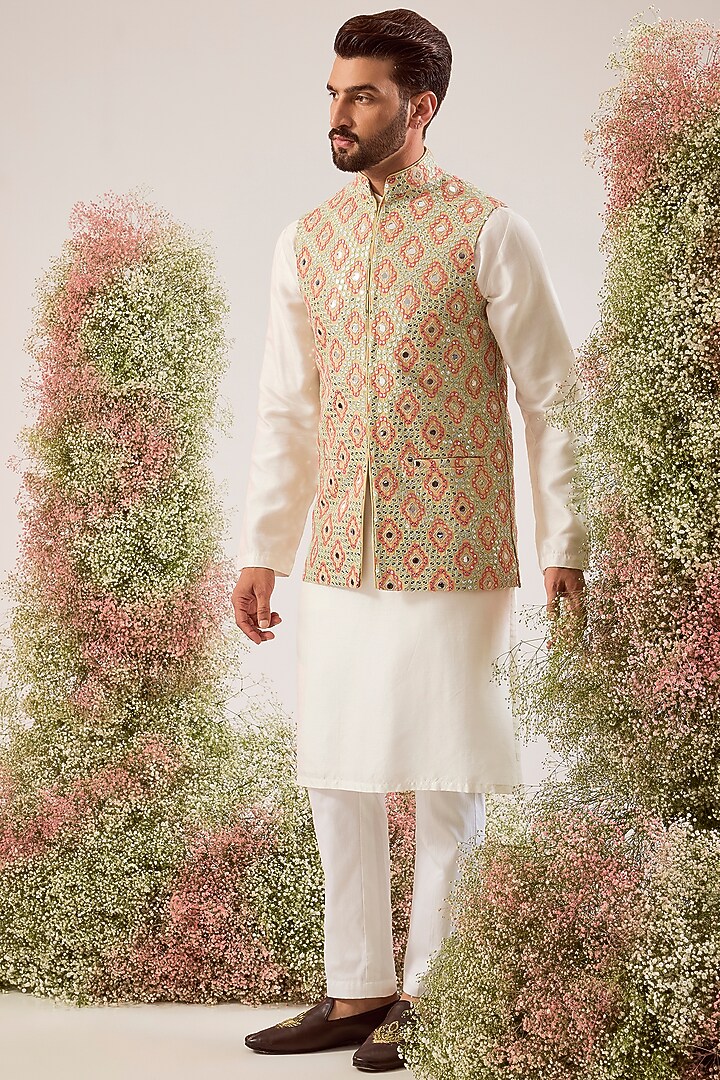 Beige Silk Thread Work Nehru Jacket by Kasbah Clothing at Pernia's Pop Up Shop