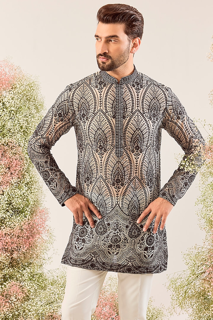 Black Organza Chikankari Embroidered Kurta by Kasbah Clothing at Pernia's Pop Up Shop