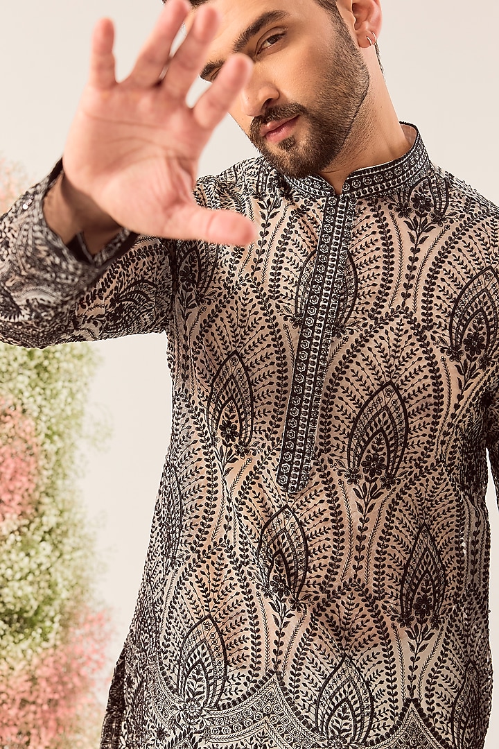 Black Organza Chikankari Embroidered Kurta by Kasbah Clothing at Pernia's Pop Up Shop