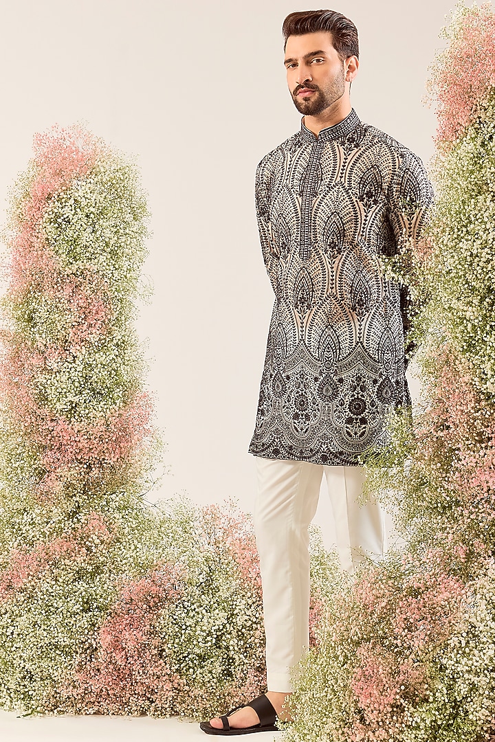 Black Organza Chikankari Embroidered Kurta by Kasbah Clothing at Pernia's Pop Up Shop