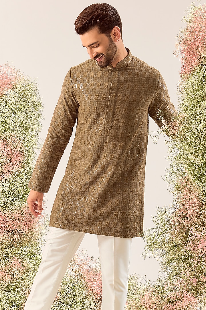 Brown Silk Sequin & Thread Work Kurta by Kasbah Clothing at Pernia's Pop Up Shop