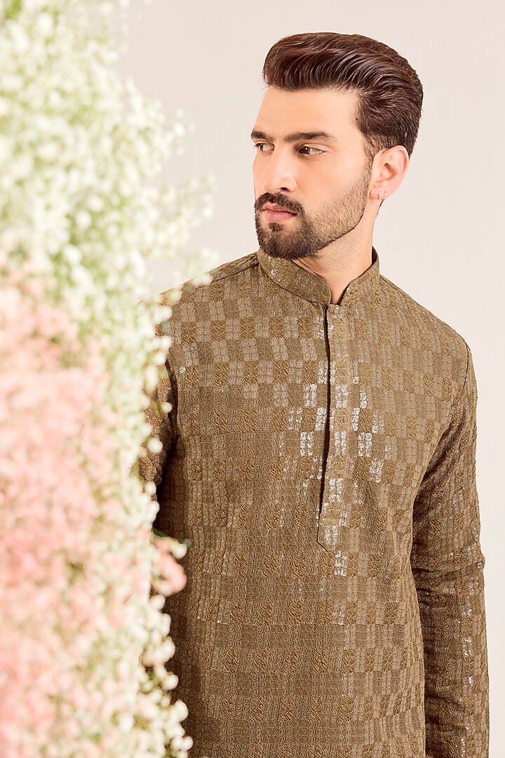 Brown Silk Sequin & Thread Work Kurta by Kasbah Clothing at Pernia's Pop Up Shop