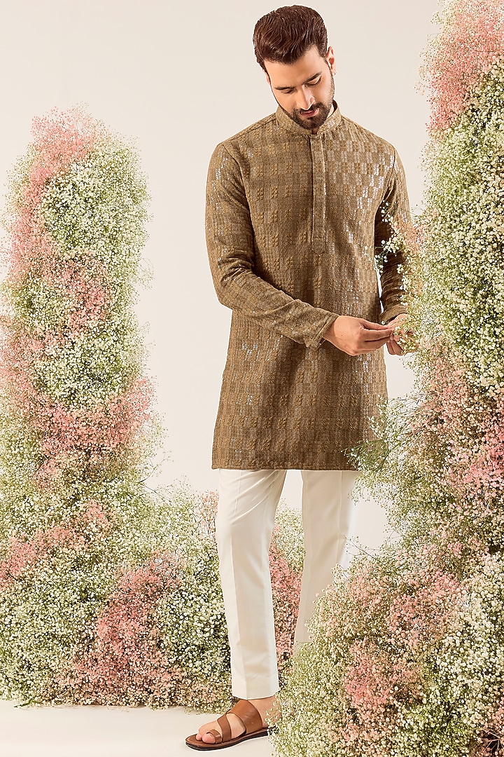 Brown Silk Sequin & Thread Work Kurta by Kasbah Clothing at Pernia's Pop Up Shop