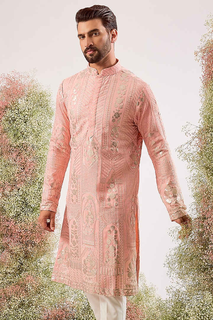 Peach Georgette Sequin Work Kurta by Kasbah Clothing at Pernia's Pop Up Shop