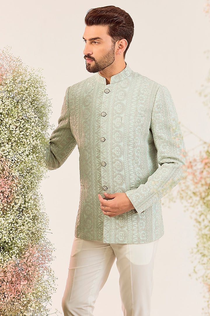 Aqua Green Silk Dori Embroidered Wedding Bandhgala by Kasbah Clothing at Pernia's Pop Up Shop