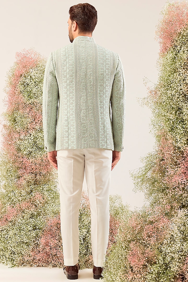 Aqua Green Silk Dori Embroidered Wedding Bandhgala by Kasbah Clothing at Pernia's Pop Up Shop