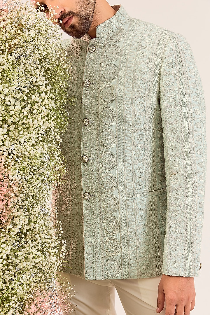 Aqua Green Silk Dori Embroidered Wedding Bandhgala by Kasbah Clothing at Pernia's Pop Up Shop