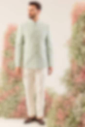 Aqua Green Silk Dori Embroidered Wedding Bandhgala by Kasbah Clothing at Pernia's Pop Up Shop