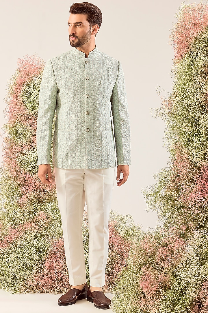 Aqua Green Silk Dori Embroidered Wedding Bandhgala by Kasbah Clothing at Pernia's Pop Up Shop