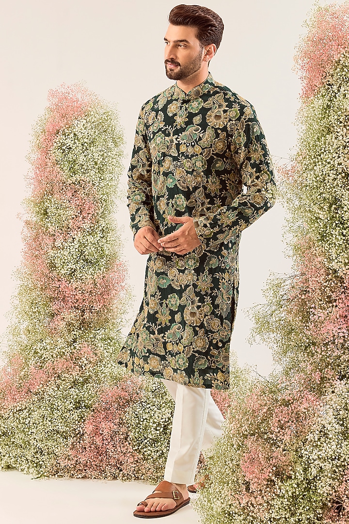 Green Georgette Zari Embroidered Kurta by Kasbah Clothing at Pernia's Pop Up Shop