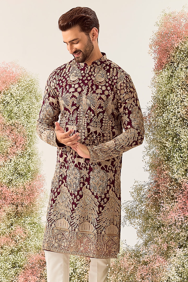 Wine Georgette Floral Embroidered Kurta by Kasbah Clothing at Pernia's Pop Up Shop