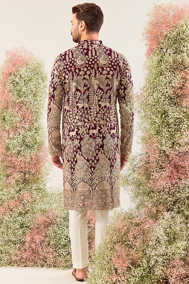 Wine Georgette Floral Embroidered Kurta by Kasbah Clothing at Pernia's Pop Up Shop
