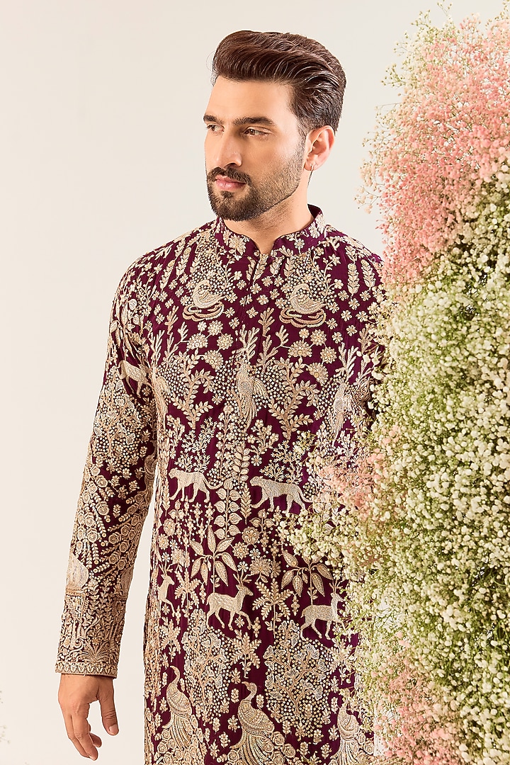 Wine Georgette Floral Embroidered Kurta by Kasbah Clothing at Pernia's Pop Up Shop