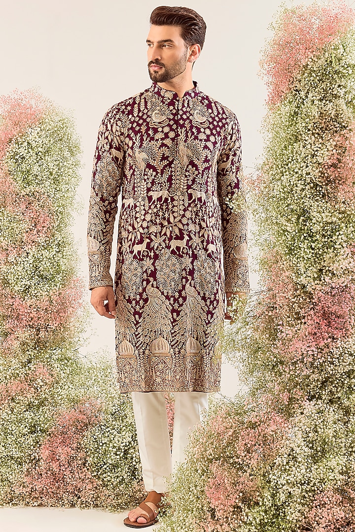 Wine Georgette Floral Embroidered Kurta by Kasbah Clothing at Pernia's Pop Up Shop