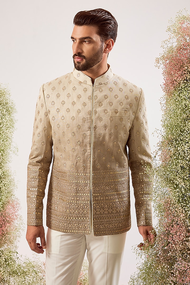 Grey-Green Chanderi Zari Work Ombre Wedding Bandhgala by Kasbah Clothing at Pernia's Pop Up Shop