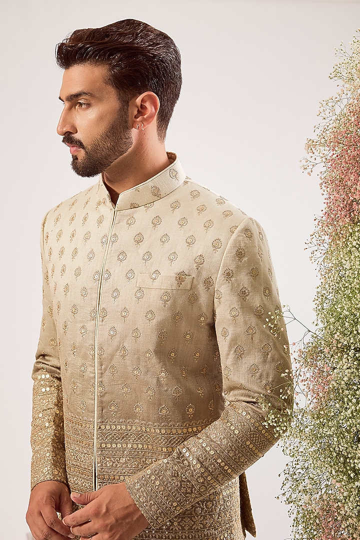 Grey-Green Chanderi Zari Work Ombre Wedding Bandhgala by Kasbah Clothing at Pernia's Pop Up Shop