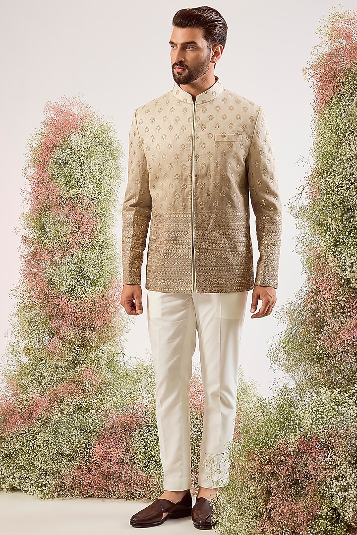 Grey-Green Chanderi Zari Work Ombre Wedding Bandhgala by Kasbah Clothing at Pernia's Pop Up Shop