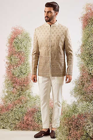 Grey-Green Chanderi Zari Work Ombre Bandhgala by Kasbah Clothing