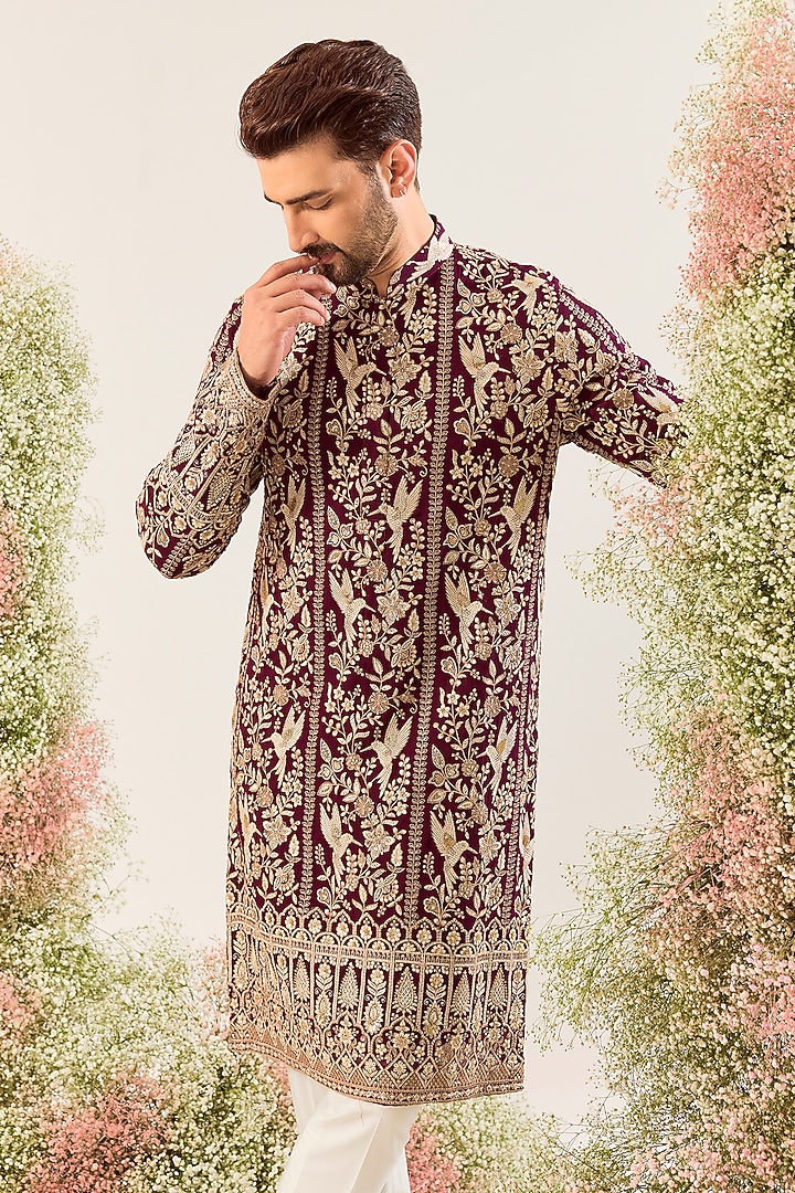 Wine Georgette Floral Embroidered Kurta by Kasbah Clothing at Pernia's Pop Up Shop