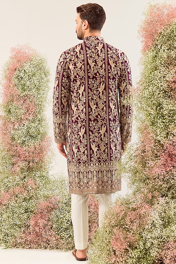 Wine Georgette Floral Embroidered Kurta by Kasbah Clothing at Pernia's Pop Up Shop