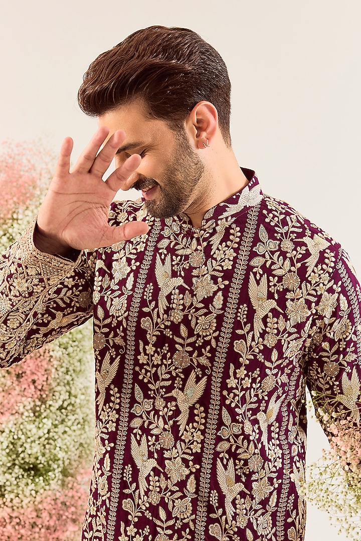 Wine Georgette Floral Embroidered Kurta by Kasbah Clothing at Pernia's Pop Up Shop