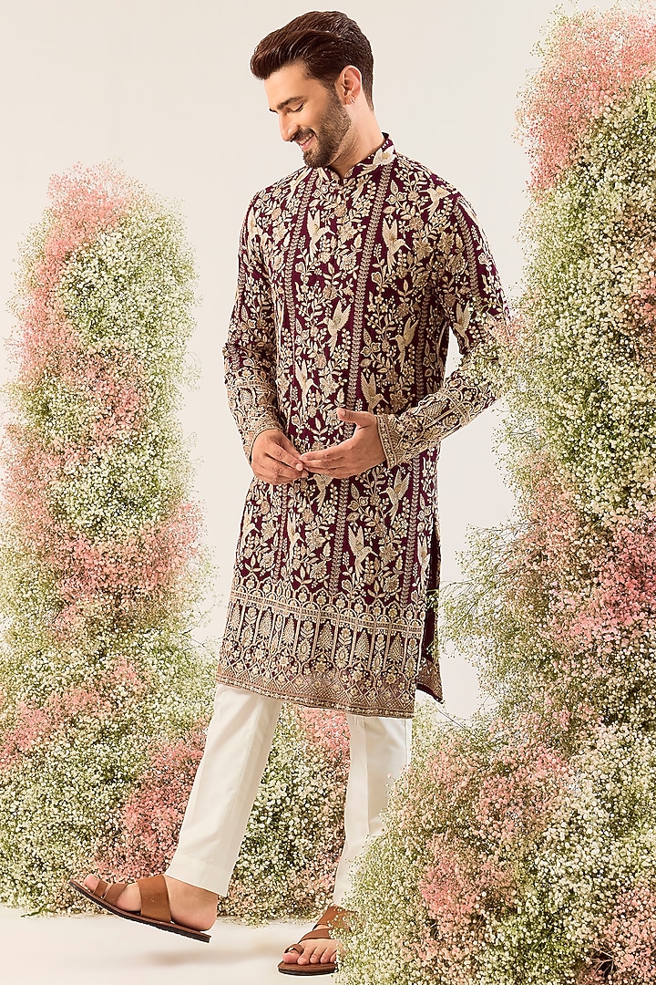 Wine Georgette Floral Embroidered Kurta by Kasbah Clothing at Pernia's Pop Up Shop