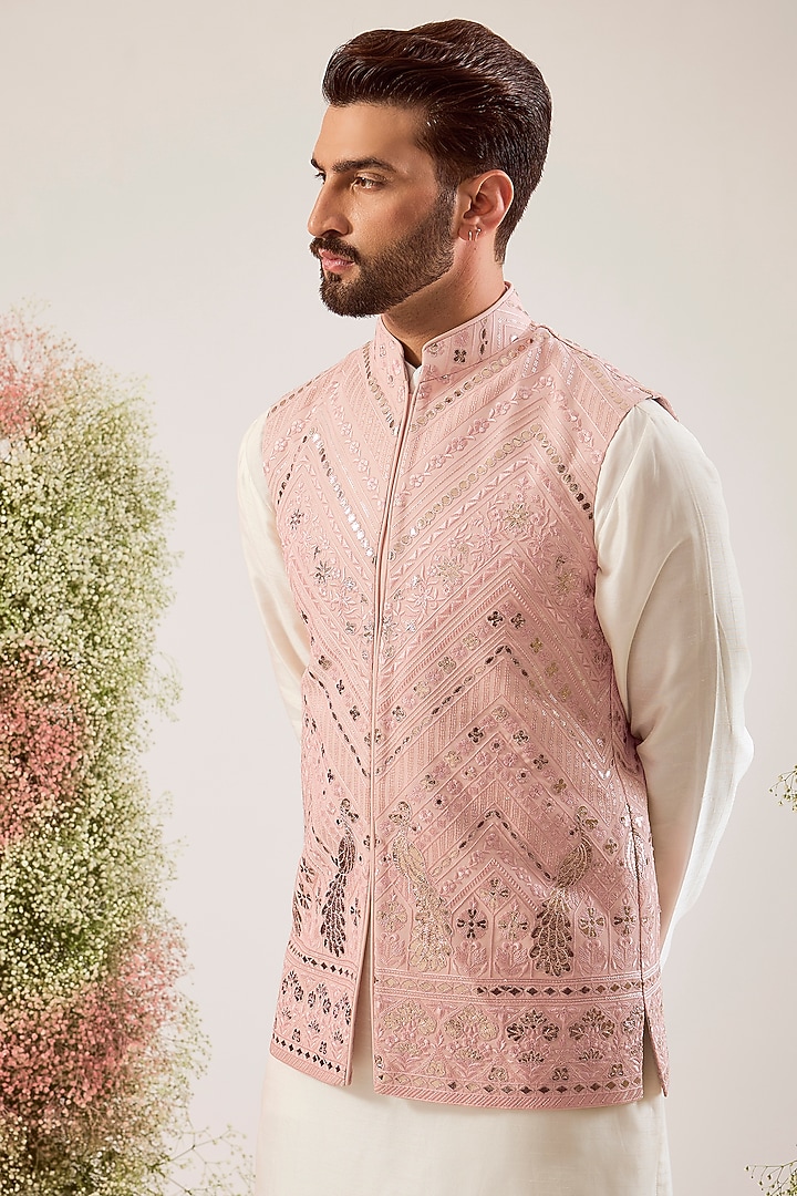 Peach Georgette Patch Work Nehru Jacket by Kasbah Clothing at Pernia's Pop Up Shop