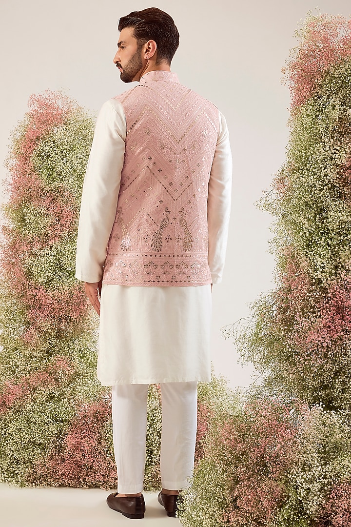 Peach Georgette Patch Work Nehru Jacket by Kasbah Clothing at Pernia's Pop Up Shop