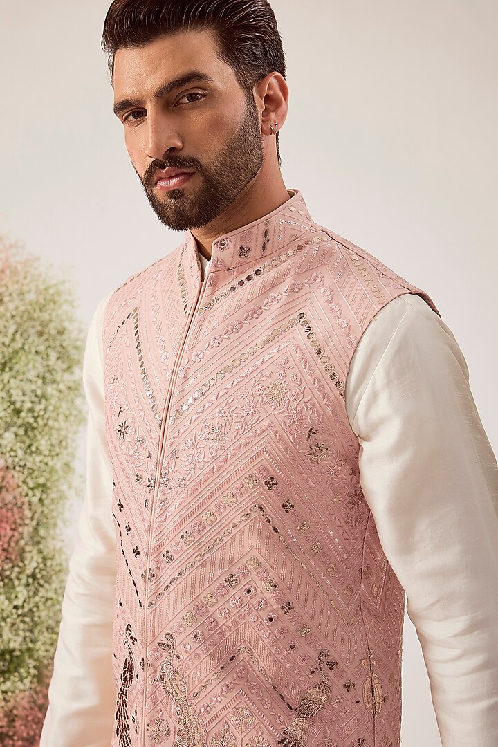 Peach Georgette Patch Work Nehru Jacket by Kasbah Clothing at Pernia's Pop Up Shop