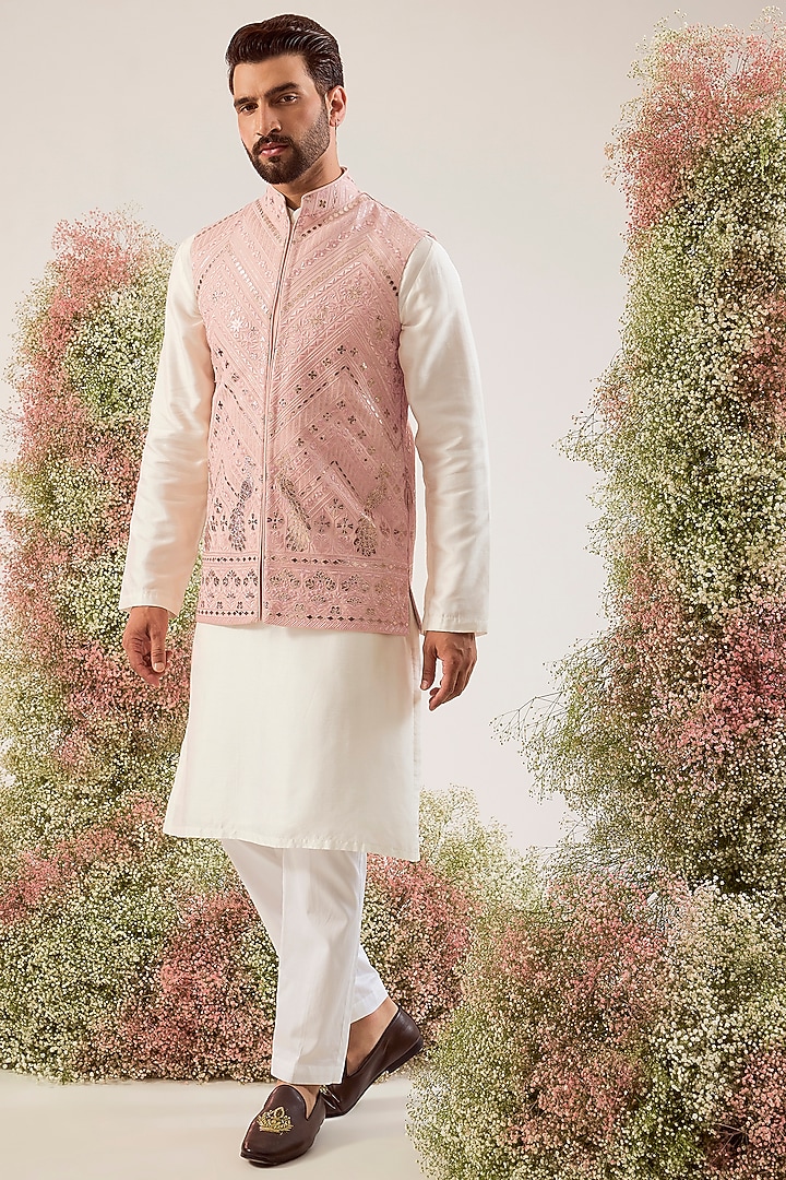 Peach Georgette Patch Work Nehru Jacket by Kasbah Clothing at Pernia's Pop Up Shop