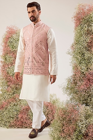 Peach Georgette Patch Work Nehru Jacket by Kasbah Clothing