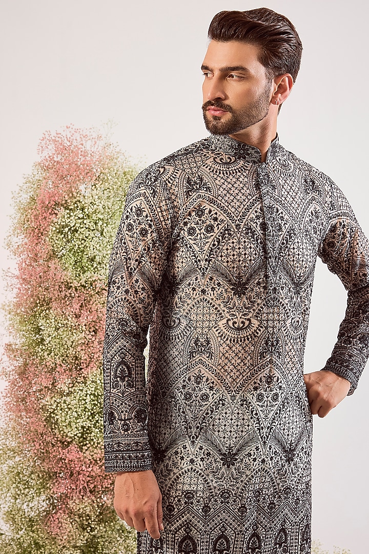 Black Organza Chikankari Embroidered Kurta by Kasbah Clothing at Pernia's Pop Up Shop