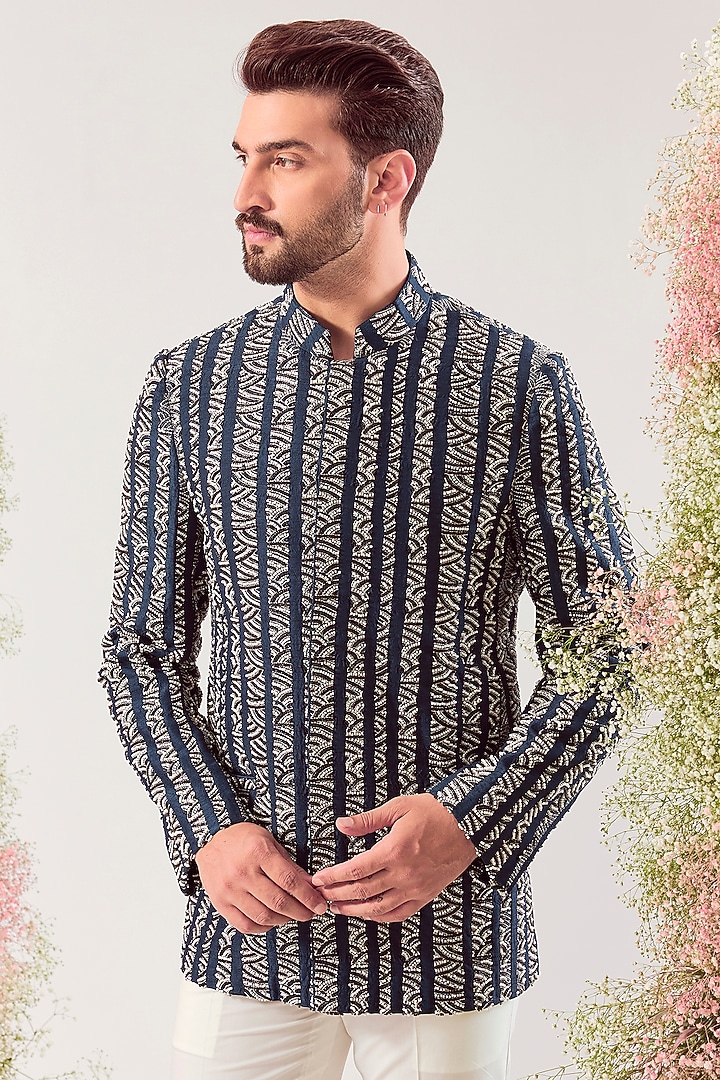 Navy Blue Silk Bead Work Wedding Bandhgala by Kasbah Clothing at Pernia's Pop Up Shop
