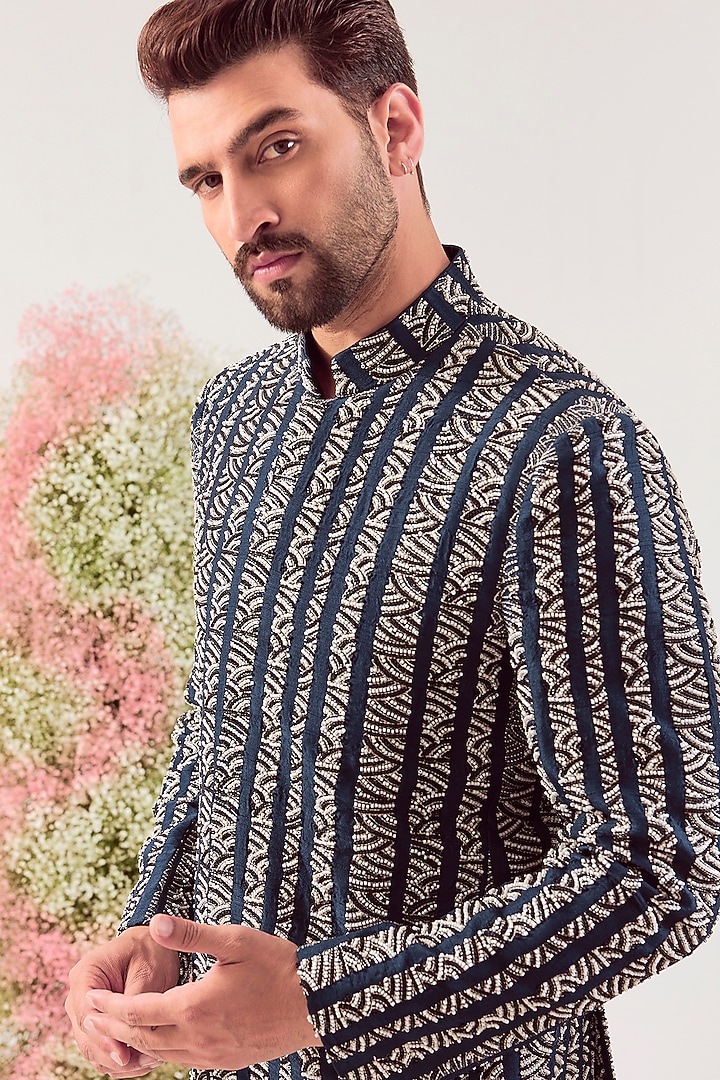 Navy Blue Silk Bead Work Wedding Bandhgala by Kasbah Clothing at Pernia's Pop Up Shop