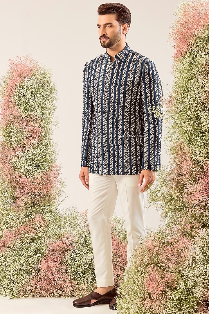 Navy Blue Silk Bead Work Wedding Bandhgala by Kasbah Clothing at Pernia's Pop Up Shop