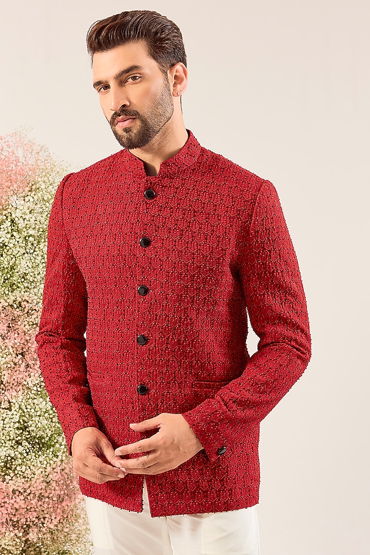 Red Silk Thread & Cutdana Work Wedding Bandhgala by Kasbah Clothing at Pernia's Pop Up Shop