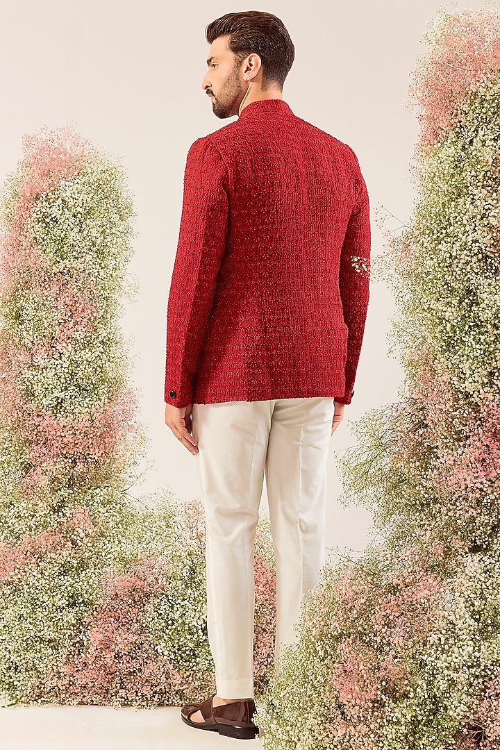 Red Silk Thread & Cutdana Work Wedding Bandhgala by Kasbah Clothing at Pernia's Pop Up Shop