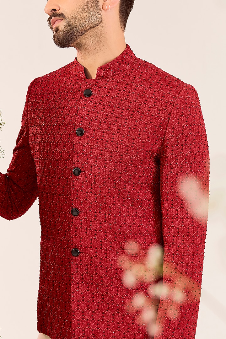 Red Silk Thread & Cutdana Work Wedding Bandhgala by Kasbah Clothing at Pernia's Pop Up Shop