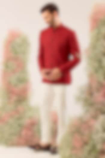 Red Silk Thread & Cutdana Work Wedding Bandhgala by Kasbah Clothing at Pernia's Pop Up Shop