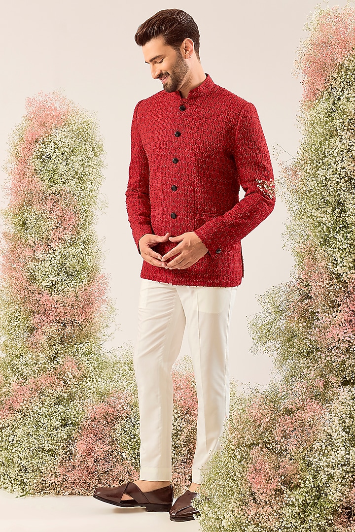 Red Silk Thread & Cutdana Work Wedding Bandhgala by Kasbah Clothing at Pernia's Pop Up Shop