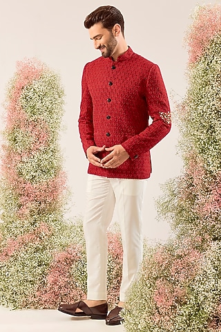 Red Silk Thread & Cutdana Work Bandhgala by Kasbah Clothing